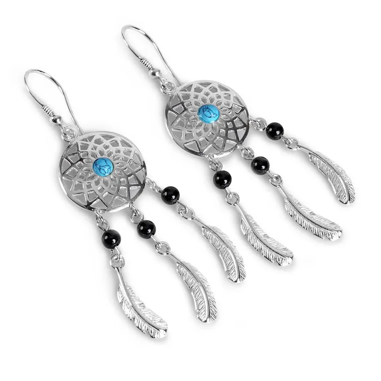 Dreamcatcher Drop Earrings in Silver, Turquoise and Onyx sold by Henryka