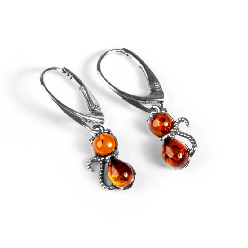 Cute Cat Drop Earrings in Silver and Amber sold by Henryka