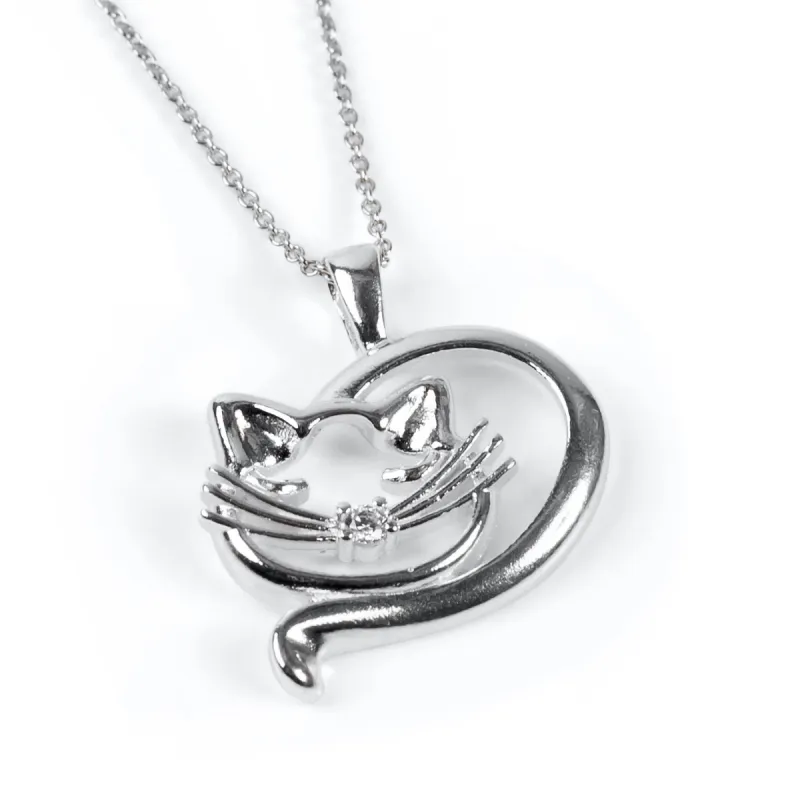 Sleeping Cat Necklace in Silver & Cubic Zirconia sold by Henryka