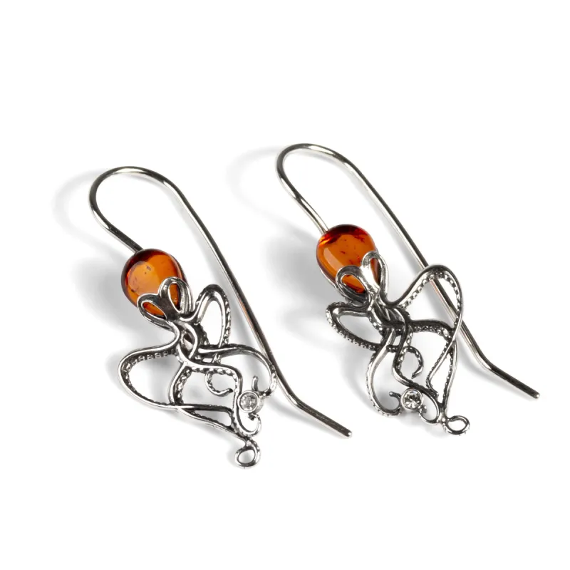 Octopus Earrings in Silver and Amber sold by Henryka