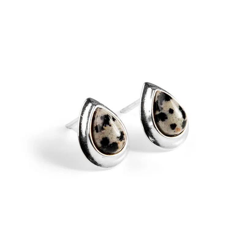 Classic Teardrop Stud Earrings in Silver and Dalmatian Jasper sold by Henryka