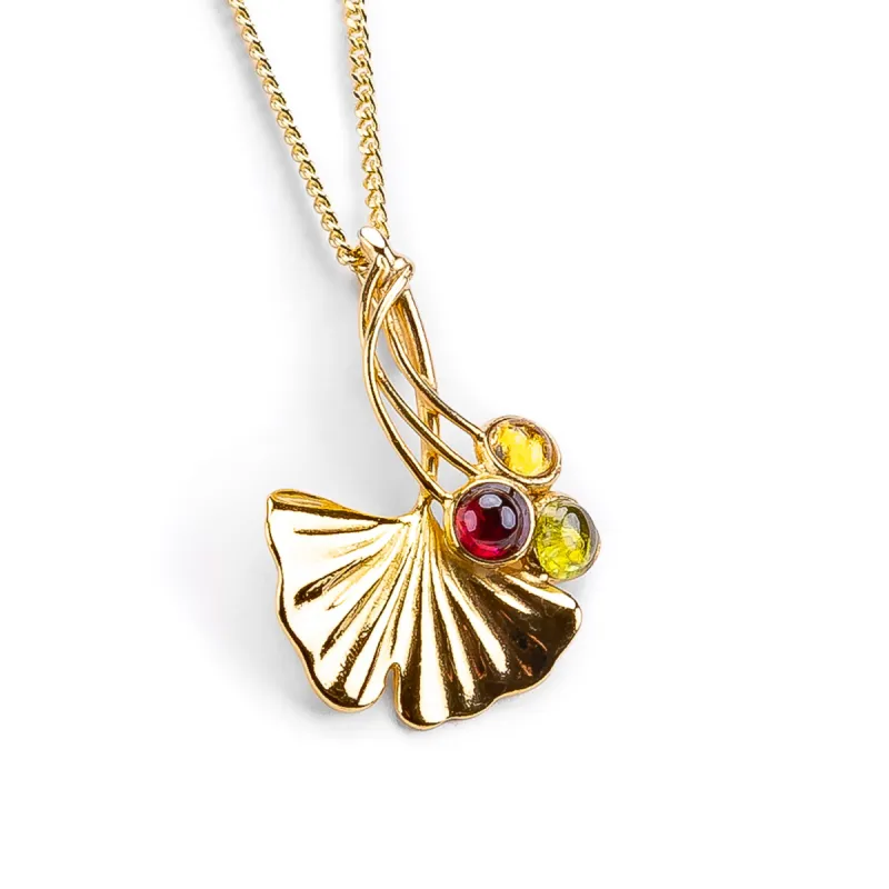 Ginkgo Flower Necklace in Silver with 24ct Gold & Peridot, Garnet and Citrine sold by Henryka