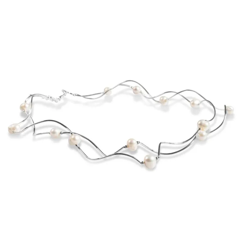 Waved Necklace in Silver and Pearl sold by Henryka