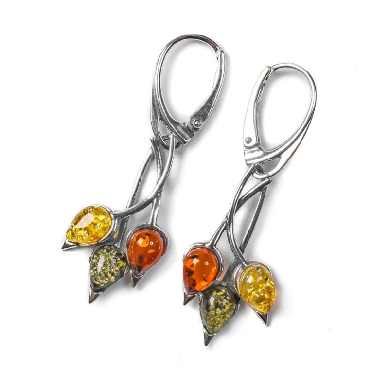 Beech Leaf Earrings in Silver and Cognac, Green & Yellow Amber sold by Henryka