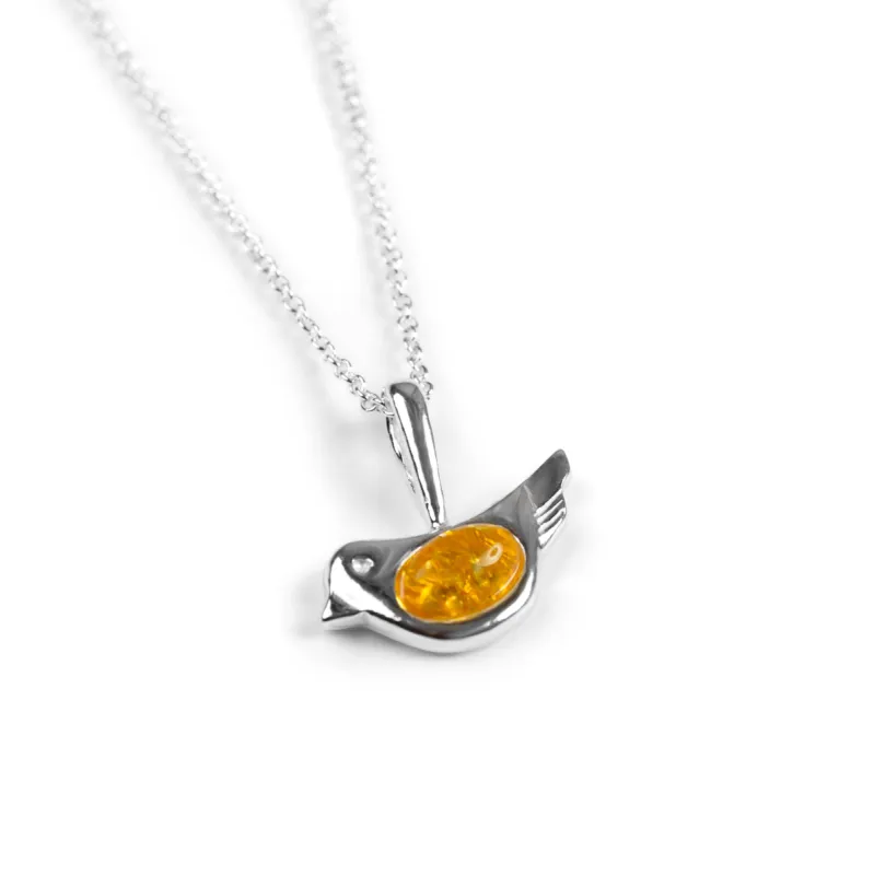 Cute Bird Necklace in Silver and Yellow Amber sold by Henryka