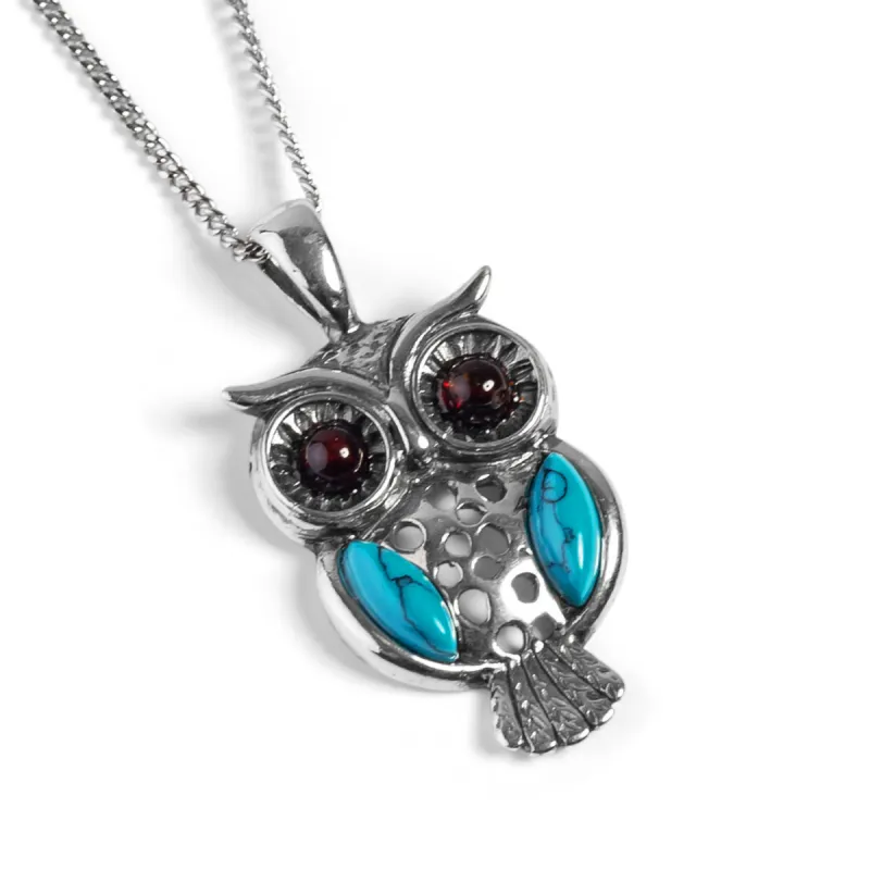 Wise Owl Necklace in Silver, Turquoise and Amber made by Henryka
