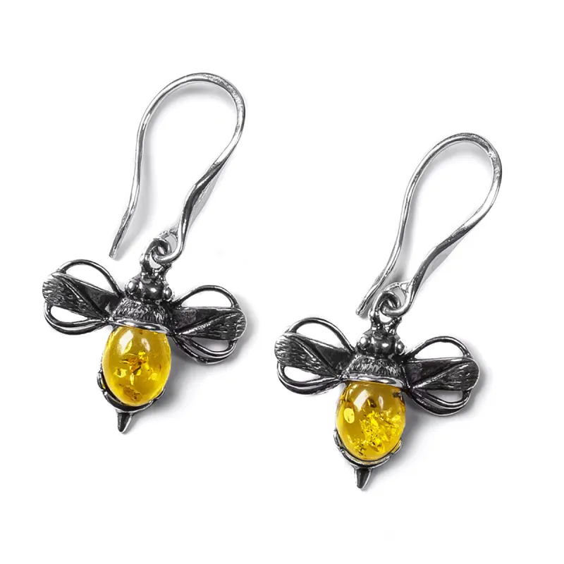Bumble Bee / Bumblebee Drop Earrings in Silver and Yellow Amber sold by Henryka
