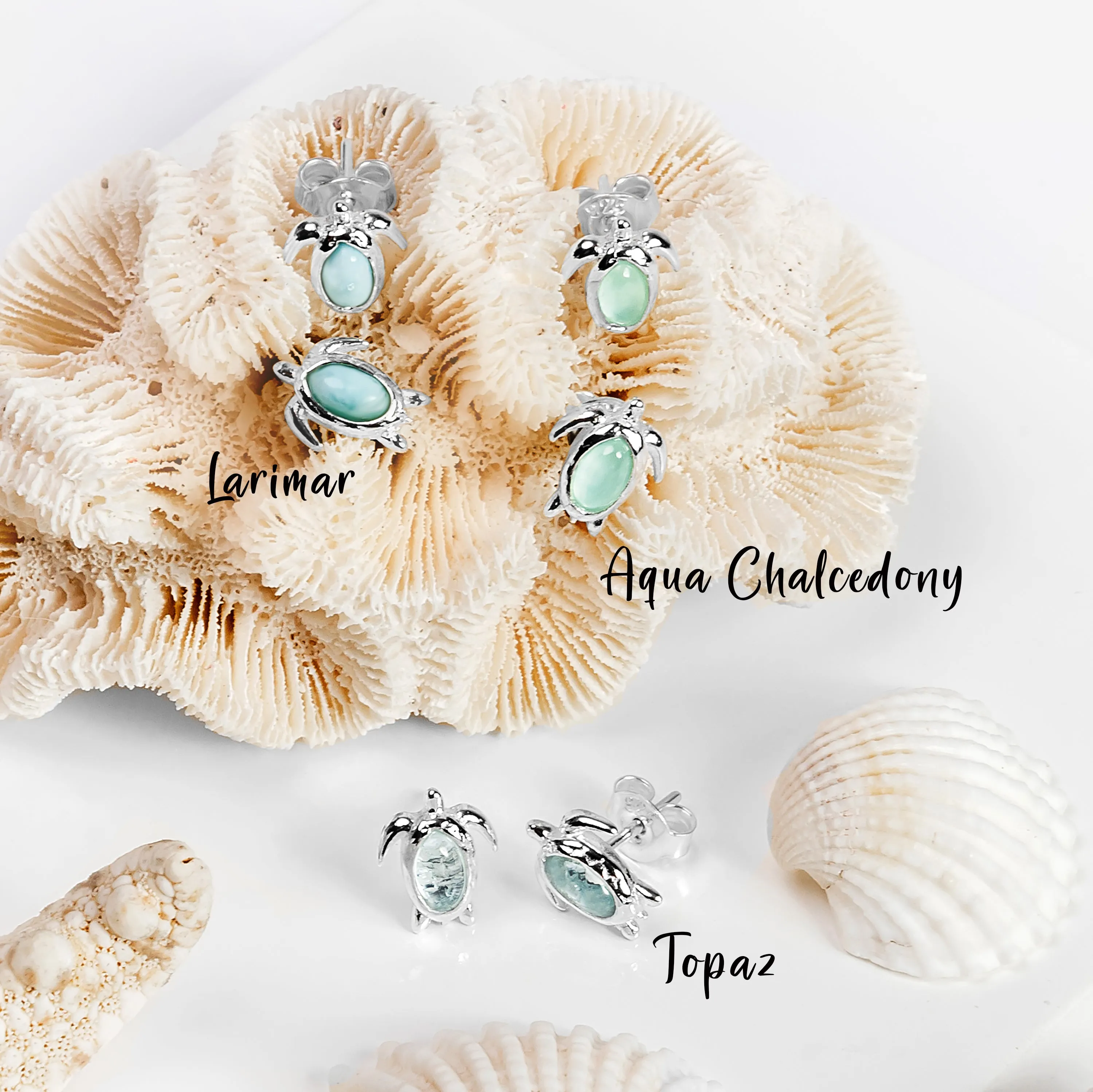 Turtle Stud Earrings in Silver & Aqua Chalcedony sold by Henryka product image thumbnail 4