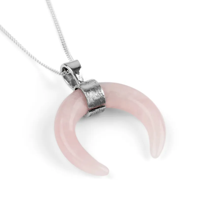 Crescent Moon Necklace in Silver & Rose Quartz sold by Henryka