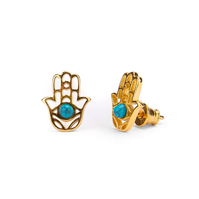 Hamsa Hand Stud Earrings in Silver with 24ct Gold & Turquoise sold by Henryka