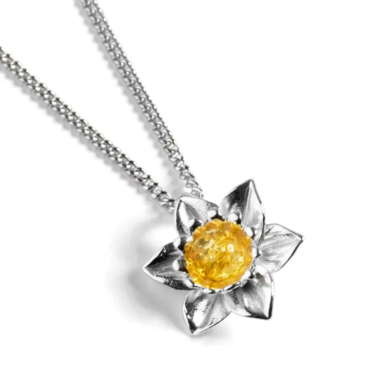 Daffodil Flower Necklace in Silver and Yellow Amber sold by Henryka