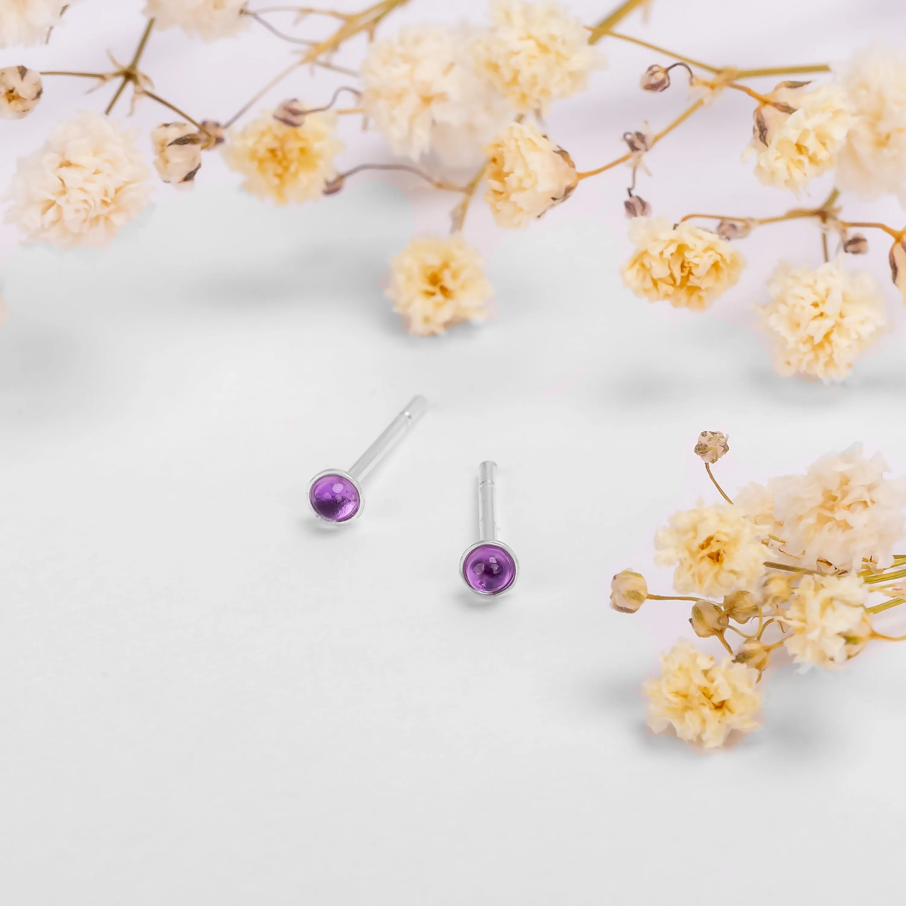 Teeny Tiny Round Stud Earrings in Silver and Amethyst sold by Henryka product image thumbnail 5