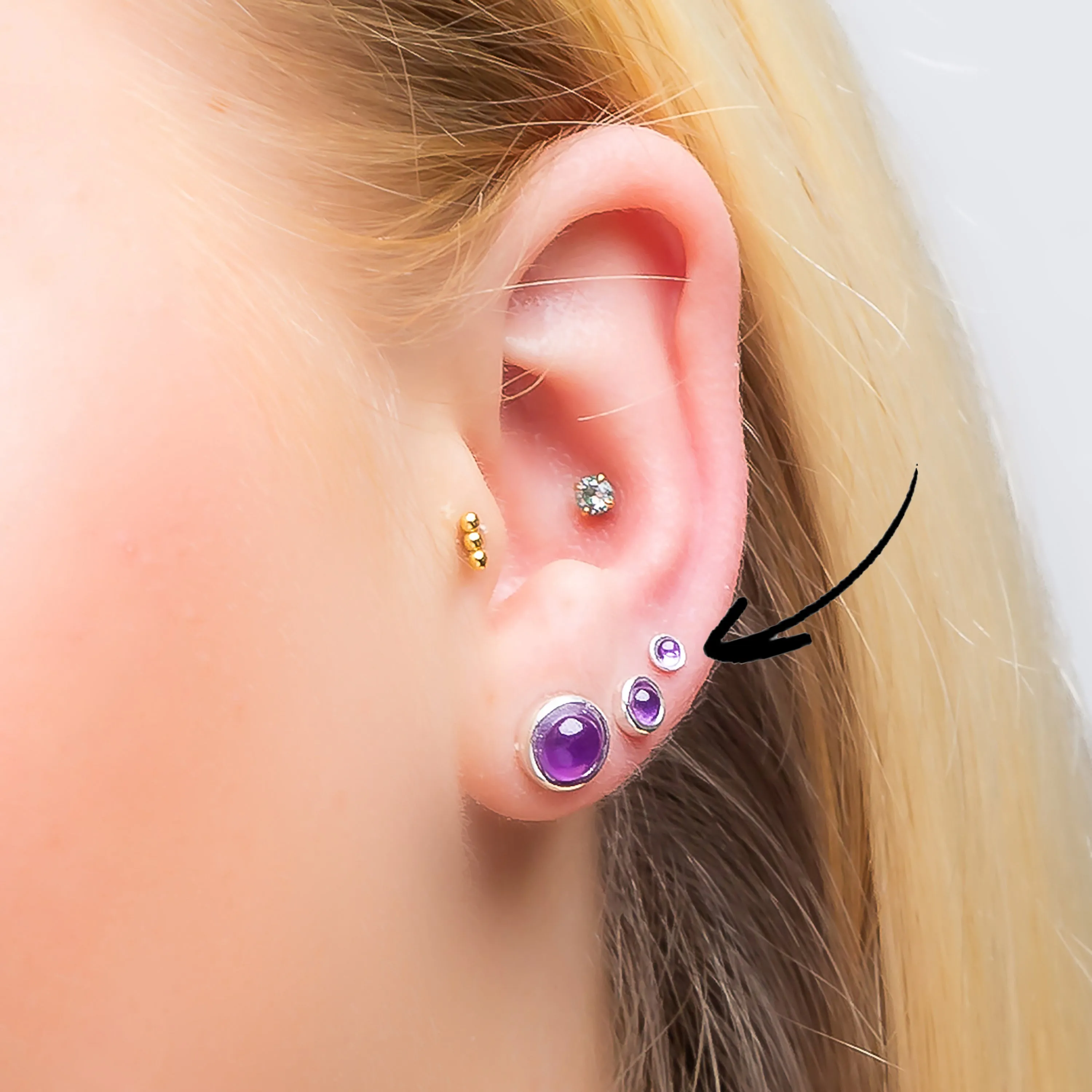 Teeny Tiny Round Stud Earrings in Silver and Amethyst sold by Henryka product image thumbnail 2