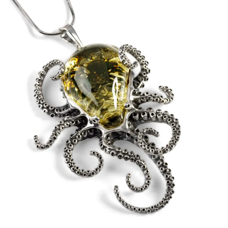 Striking Large Octopus Necklace in Silver and Green Amber sold by Henryka