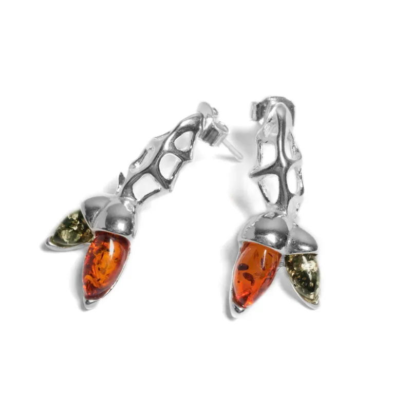 Double Acorn Drop Earrings in Silver and Amber sold by Henryka