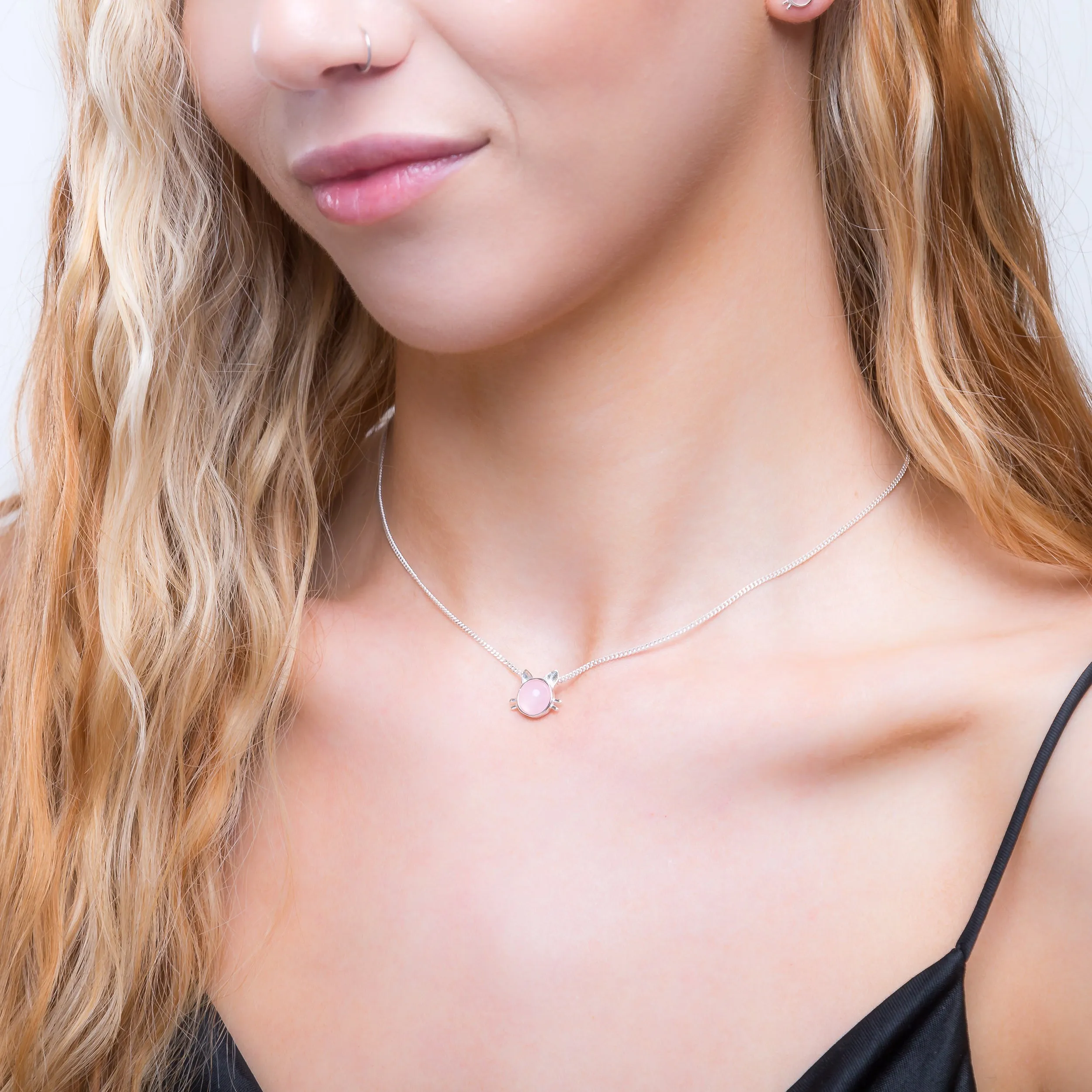 Cute Cat Face Necklace in Silver and Rose Quartz sold by Henryka product image thumbnail 3