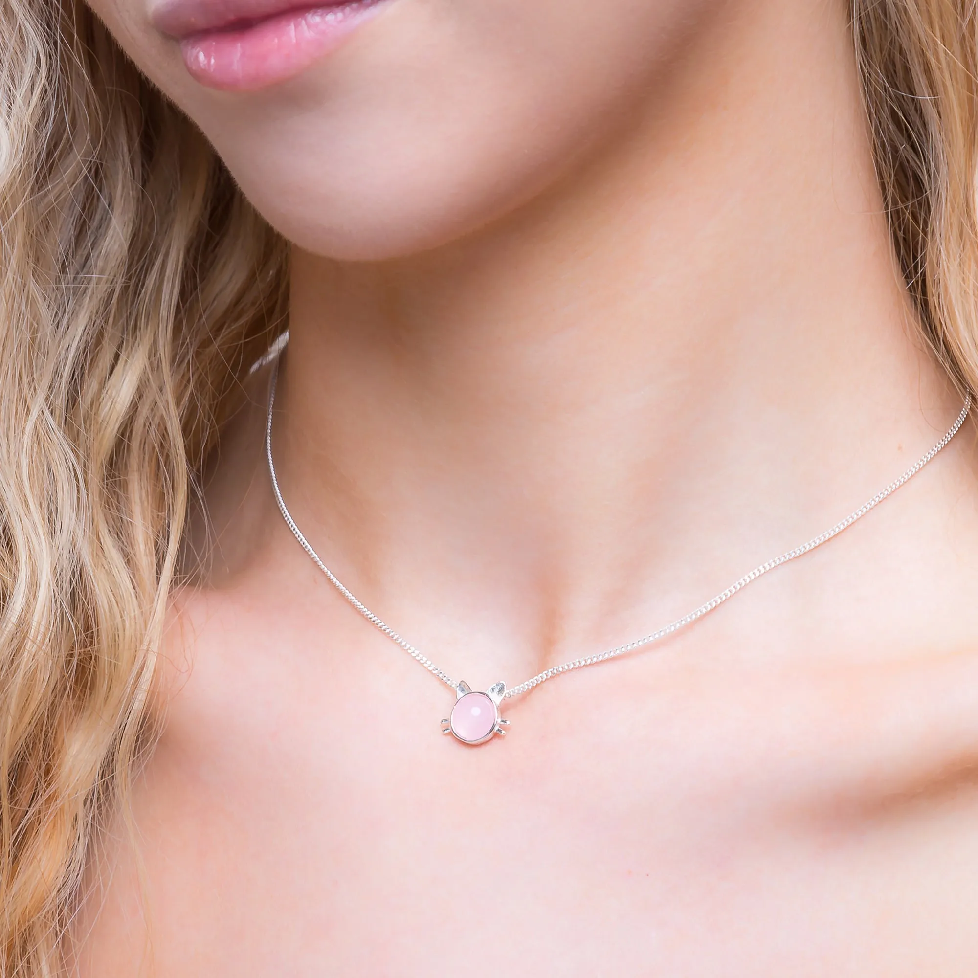 Cute Cat Face Necklace in Silver and Rose Quartz sold by Henryka product image thumbnail 2