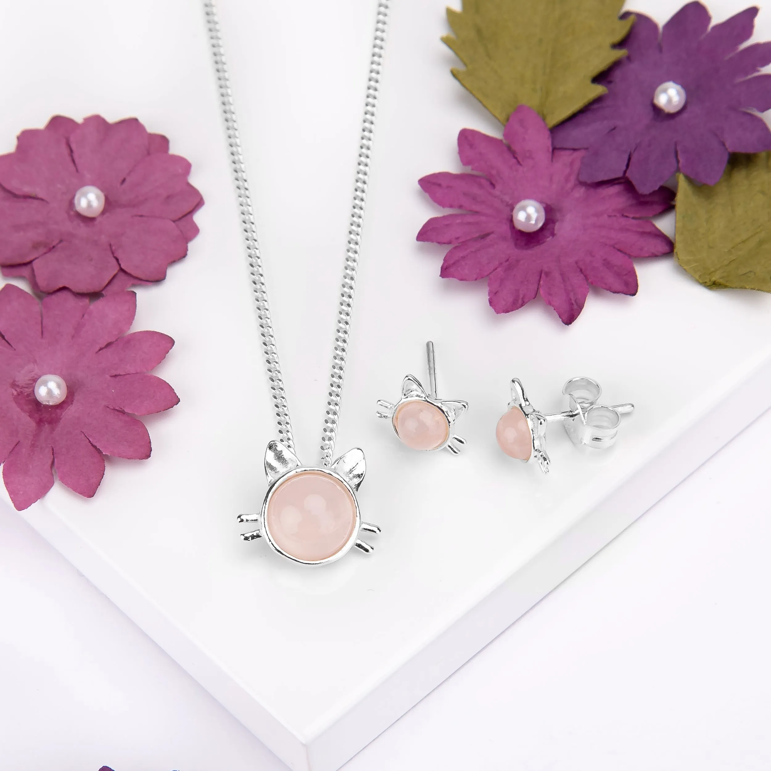 Cute Cat Face Necklace in Silver and Rose Quartz sold by Henryka product image thumbnail 5