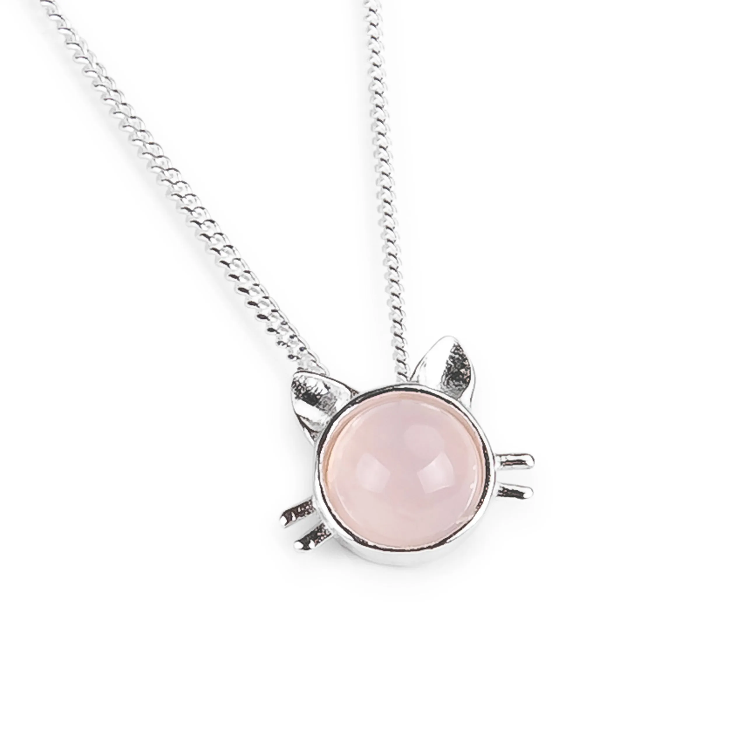 Cute Cat Face Necklace in Silver and Rose Quartz sold by Henryka