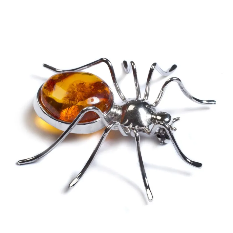 Handmade Large Spider Brooch in Silver and Amber sold by Henryka