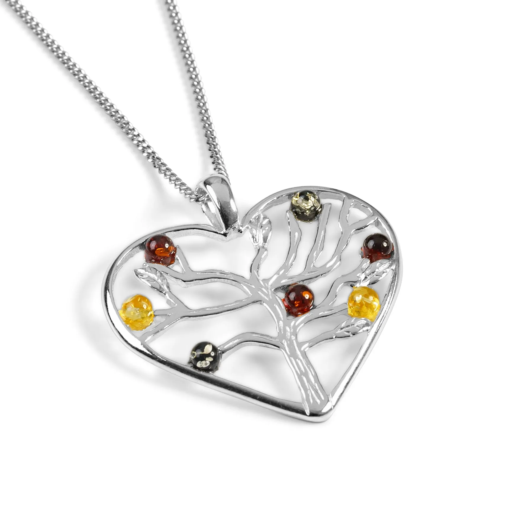 Symbol of Love Heart Necklace in Silver and Cognac, Green and Yellow Amber sold by Henryka