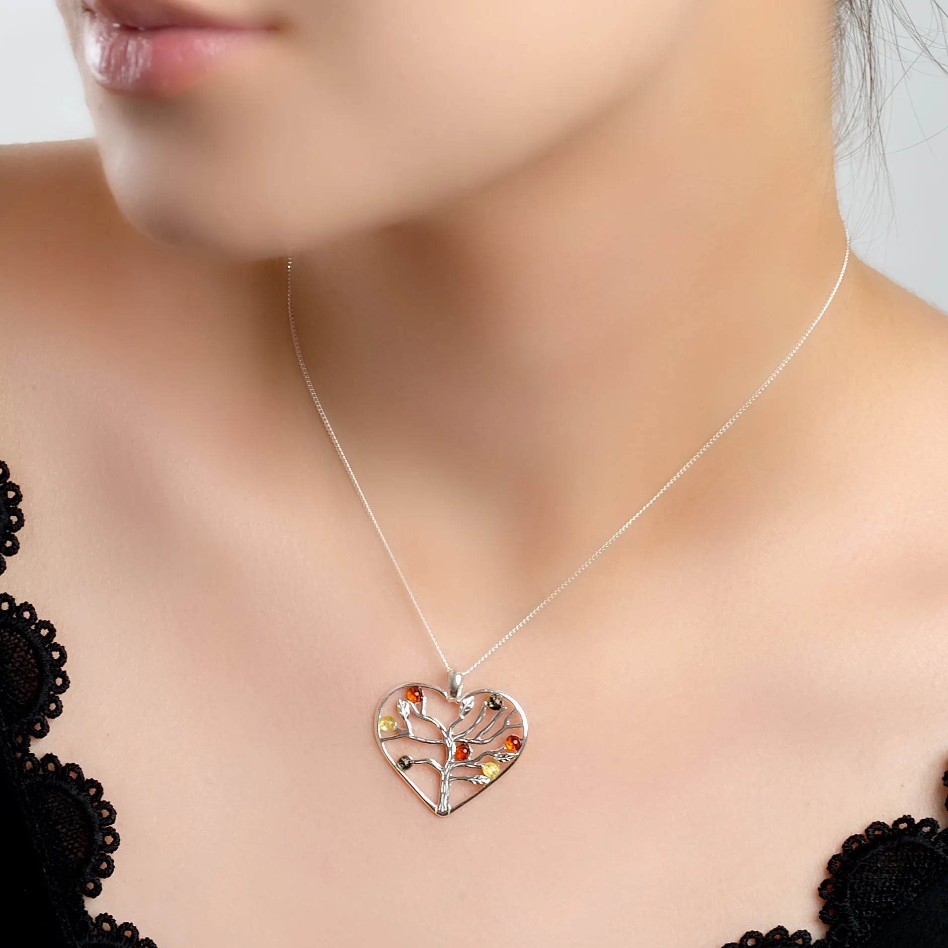 Symbol of Love Heart Necklace in Silver and Cognac, Green and Yellow Amber sold by Henryka product image thumbnail 2