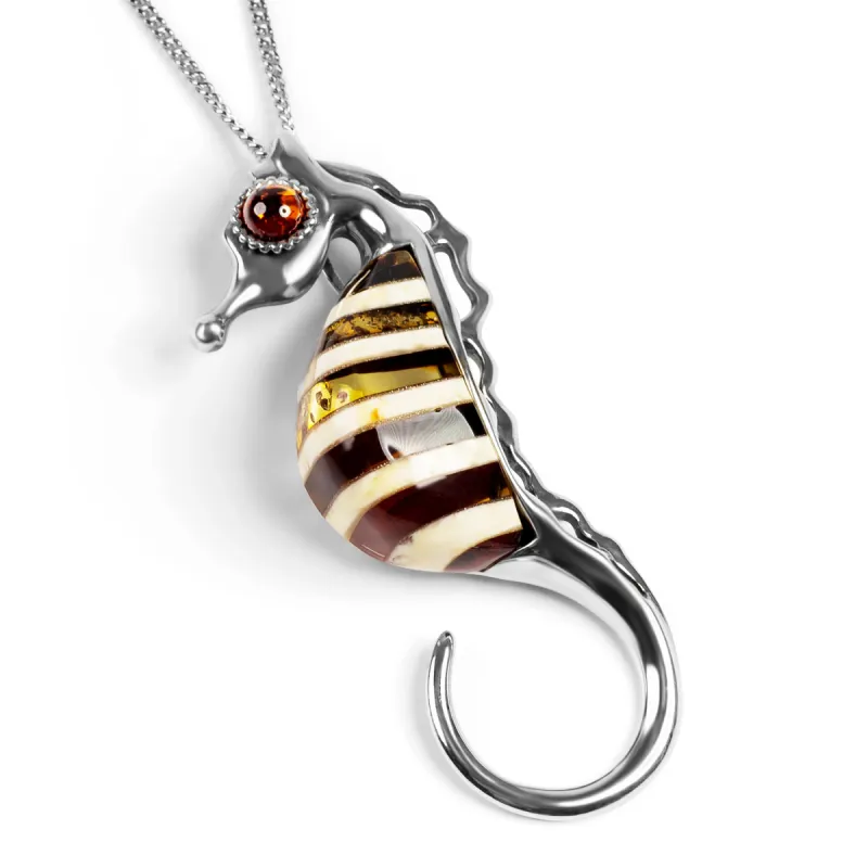 Large Striped Seahorse Necklace in Silver and Amber sold by Henryka