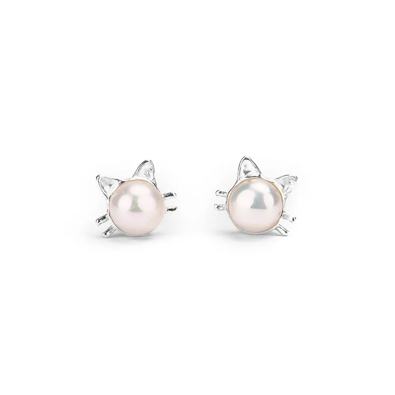 FREE GIFT | Cute Cat Face Stud Earrings in Silver and Pearl sold by Henryka