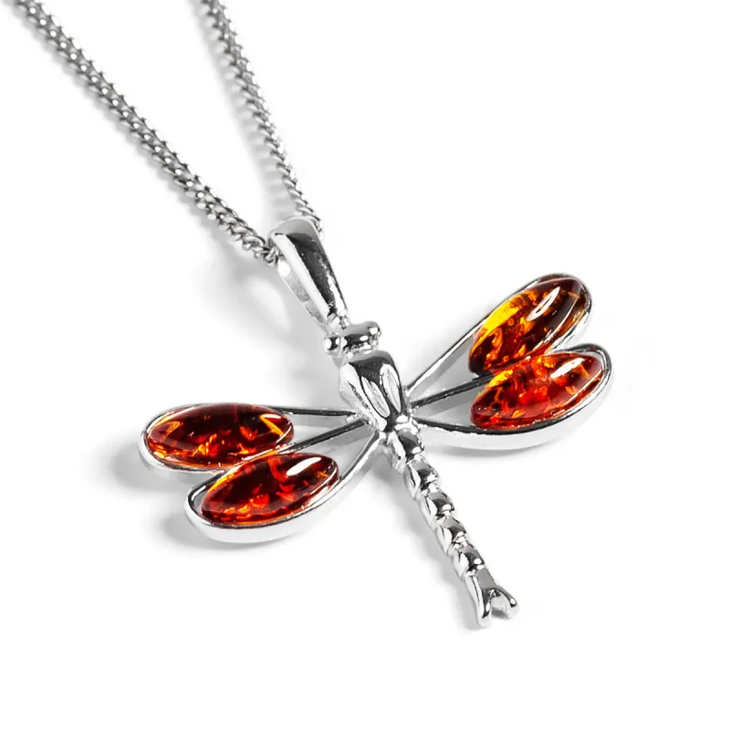 Dragonfly Necklace in Silver and Cognac Amber sold by Henryka