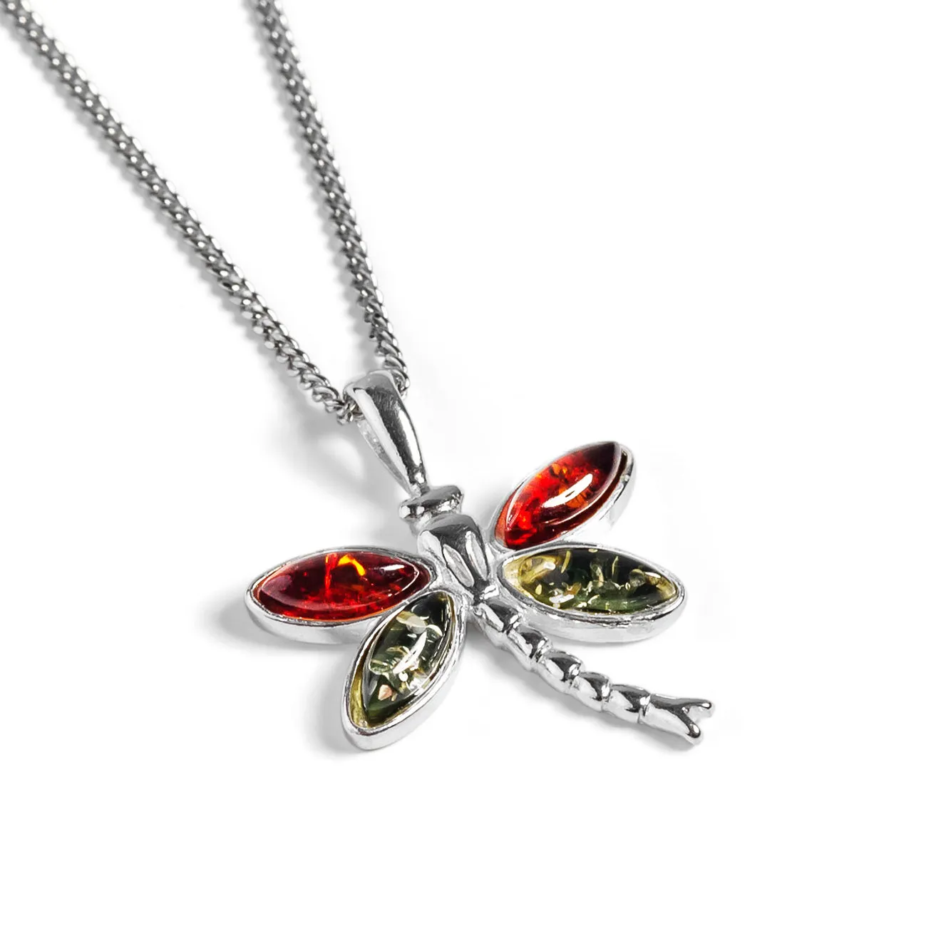 Pointed Dragonfly Necklace in Silver and Cognac & Green Amber sold by Henryka