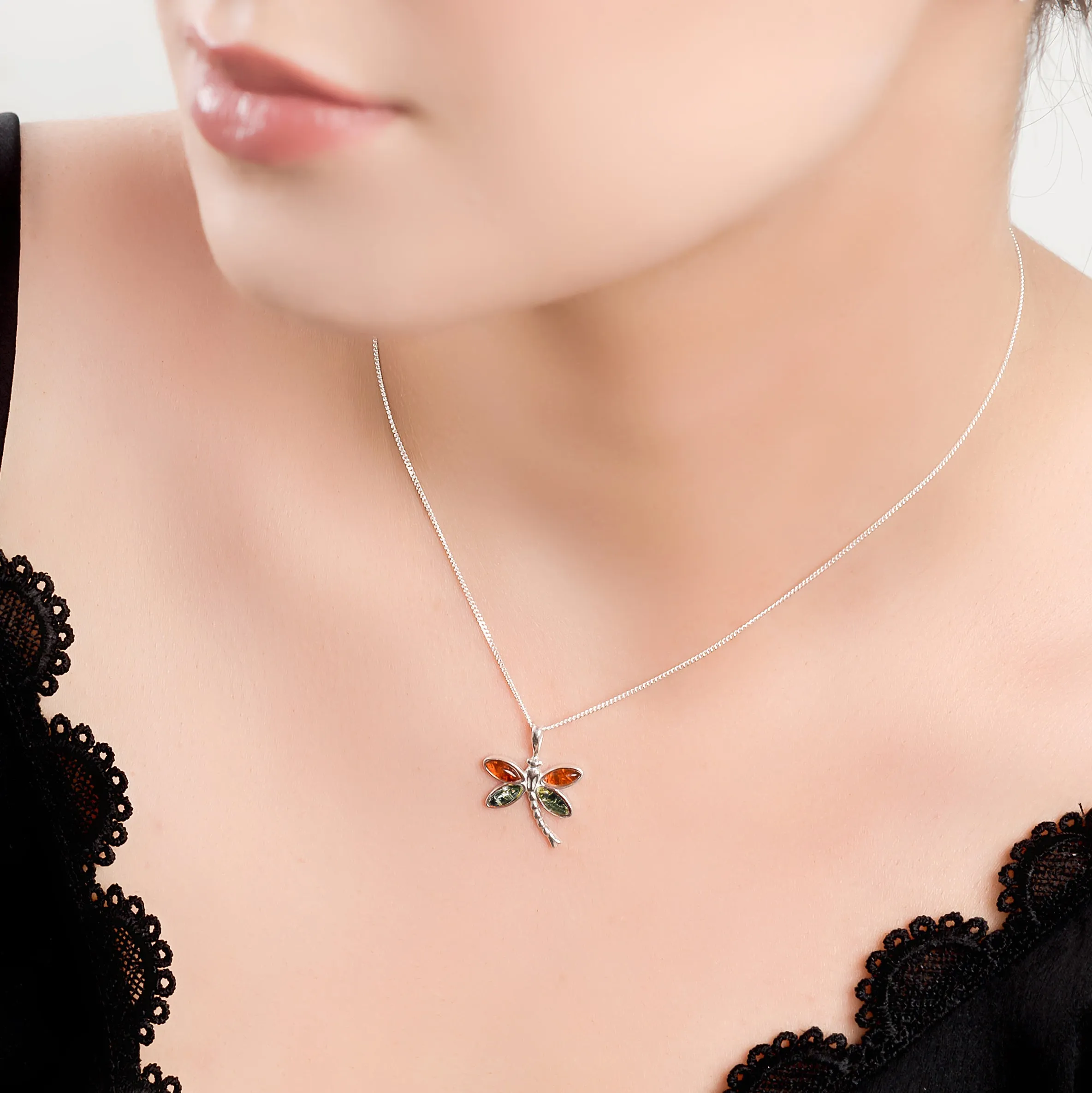 Pointed Dragonfly Necklace in Silver and Cognac & Green Amber sold by Henryka product image thumbnail 2