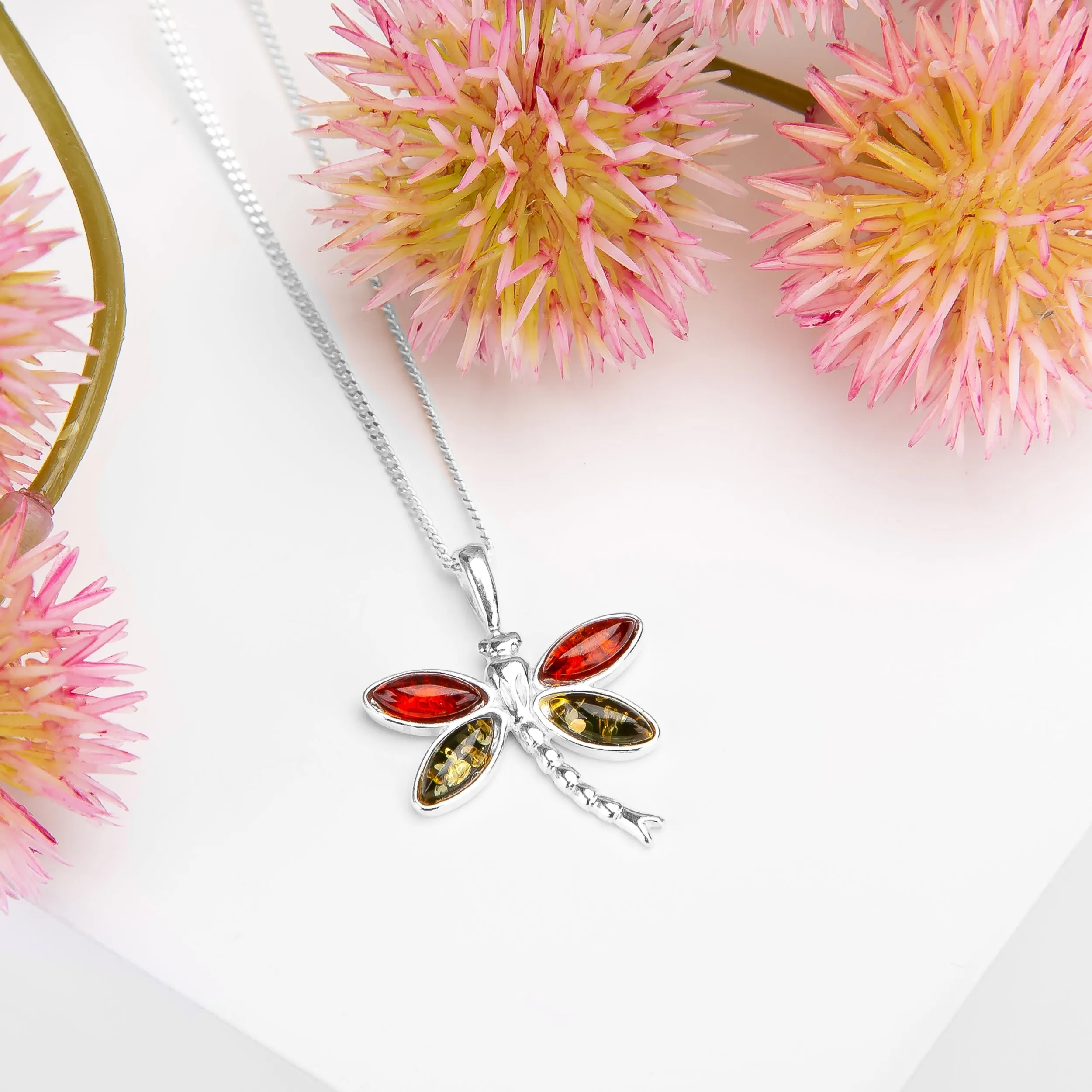 Pointed Dragonfly Necklace in Silver and Cognac & Green Amber sold by Henryka product image thumbnail 4