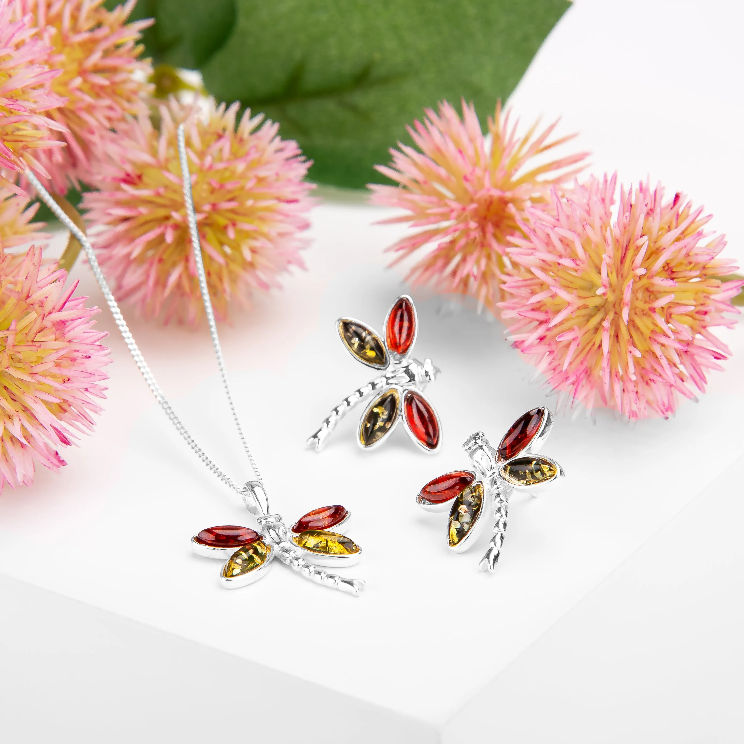 Pointed Dragonfly Necklace in Silver and Cognac & Green Amber sold by Henryka product image thumbnail 5