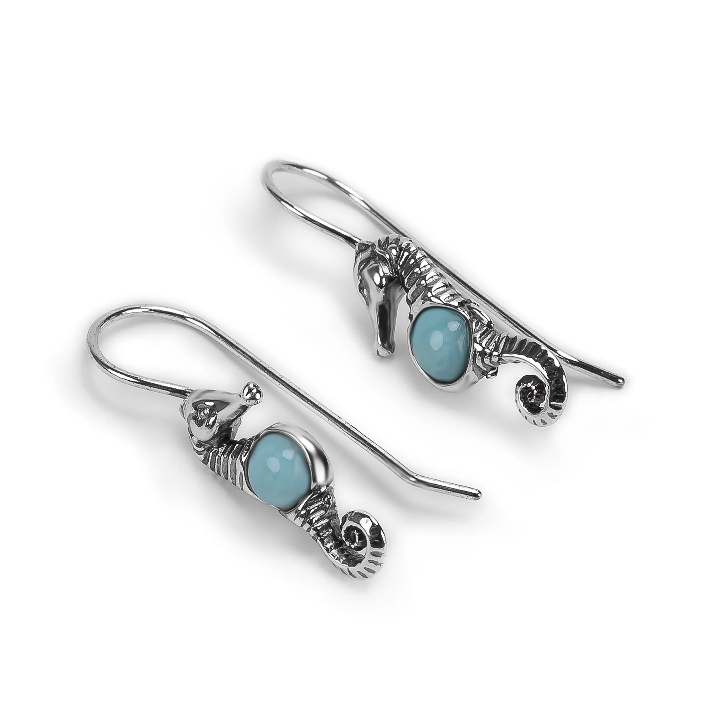 Miniature Seahorse Hook Earrings in Silver & Larimar sold by Henryka