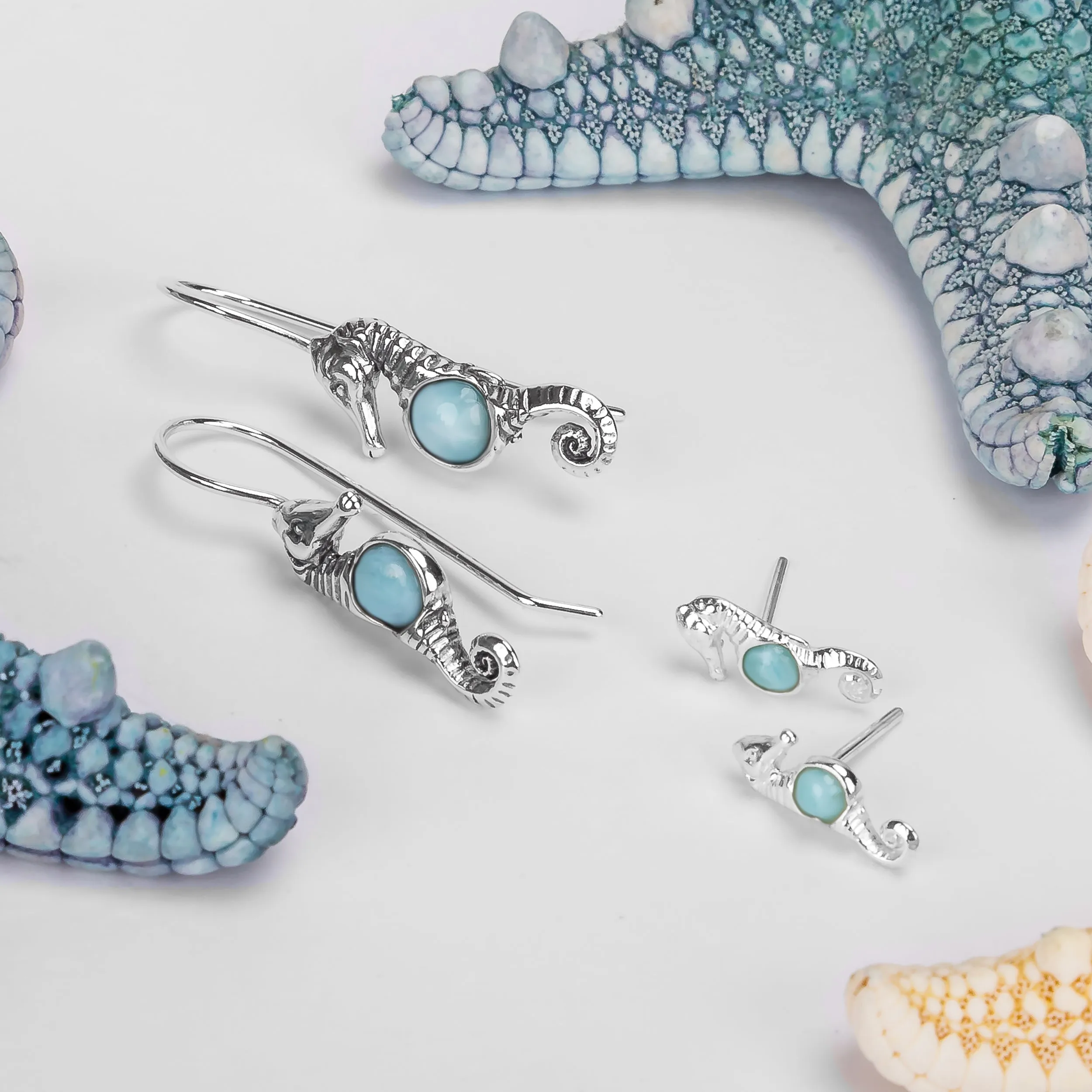 Miniature Seahorse Hook Earrings in Silver & Larimar sold by Henryka product image thumbnail 5