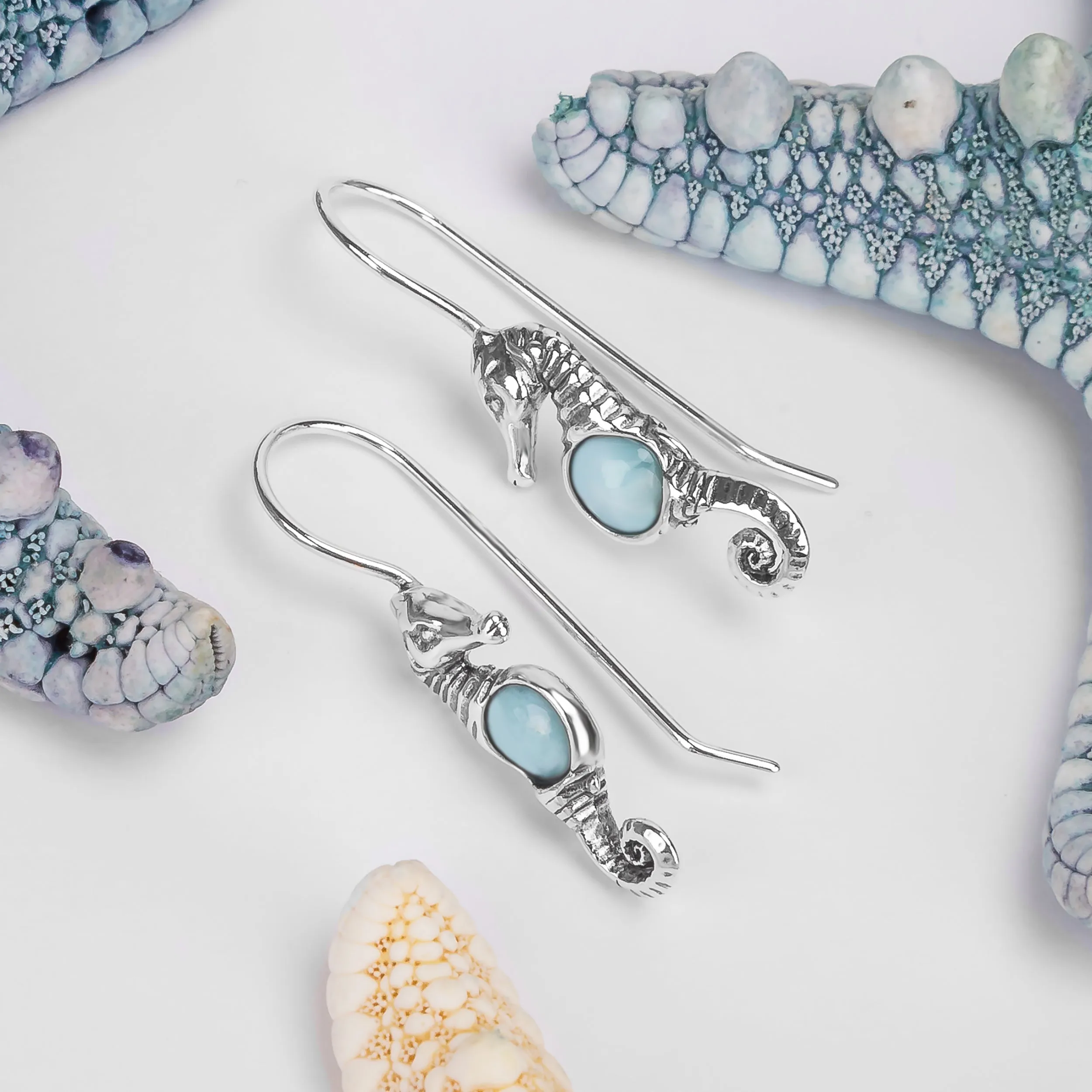 Miniature Seahorse Hook Earrings in Silver & Larimar sold by Henryka product image thumbnail 4