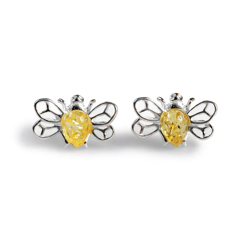 Honey Bee Stud Earrings in Silver and Yellow Amber sold by Henryka