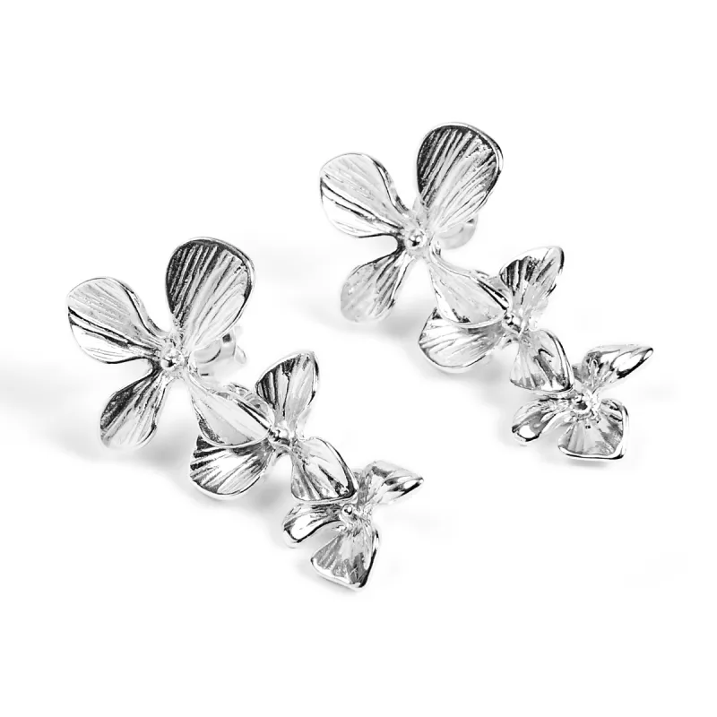 Trio of Orchids Flower Drop Earrings in Silver sold by Henryka