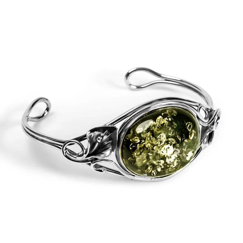 Handmade Statement Vintage Style Bracelet in Silver and Green Baltic Amber sold by Henryka
