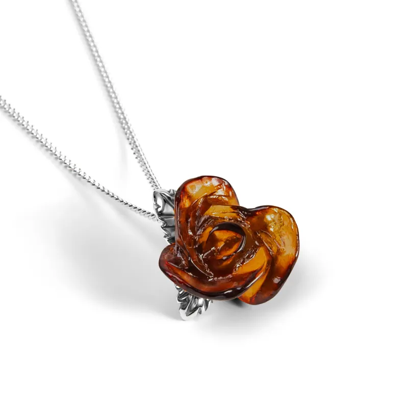 Single Rose Necklace in Silver & Amber sold by Henryka