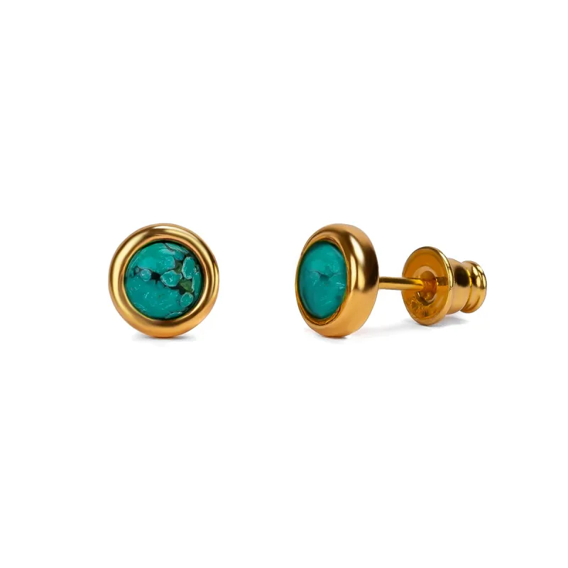 Small Round Stud Earrings in Silver with 24ct Gold & Natural Turquoise sold by Henryka