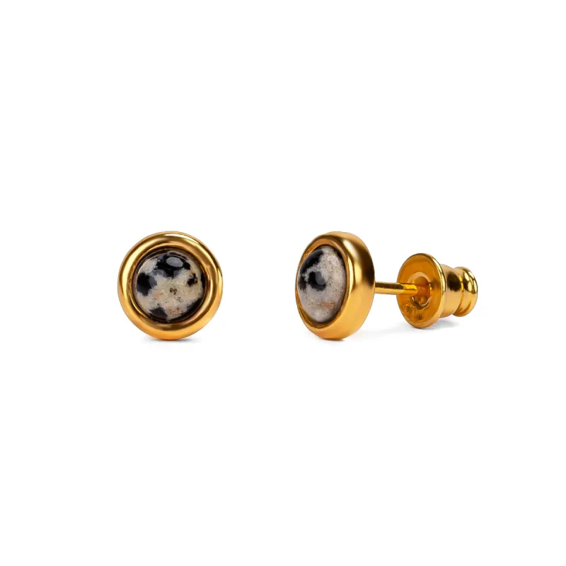 Small Round Stud Earrings in Silver with 24ct Gold & Dalmatian Jasper sold by Henryka
