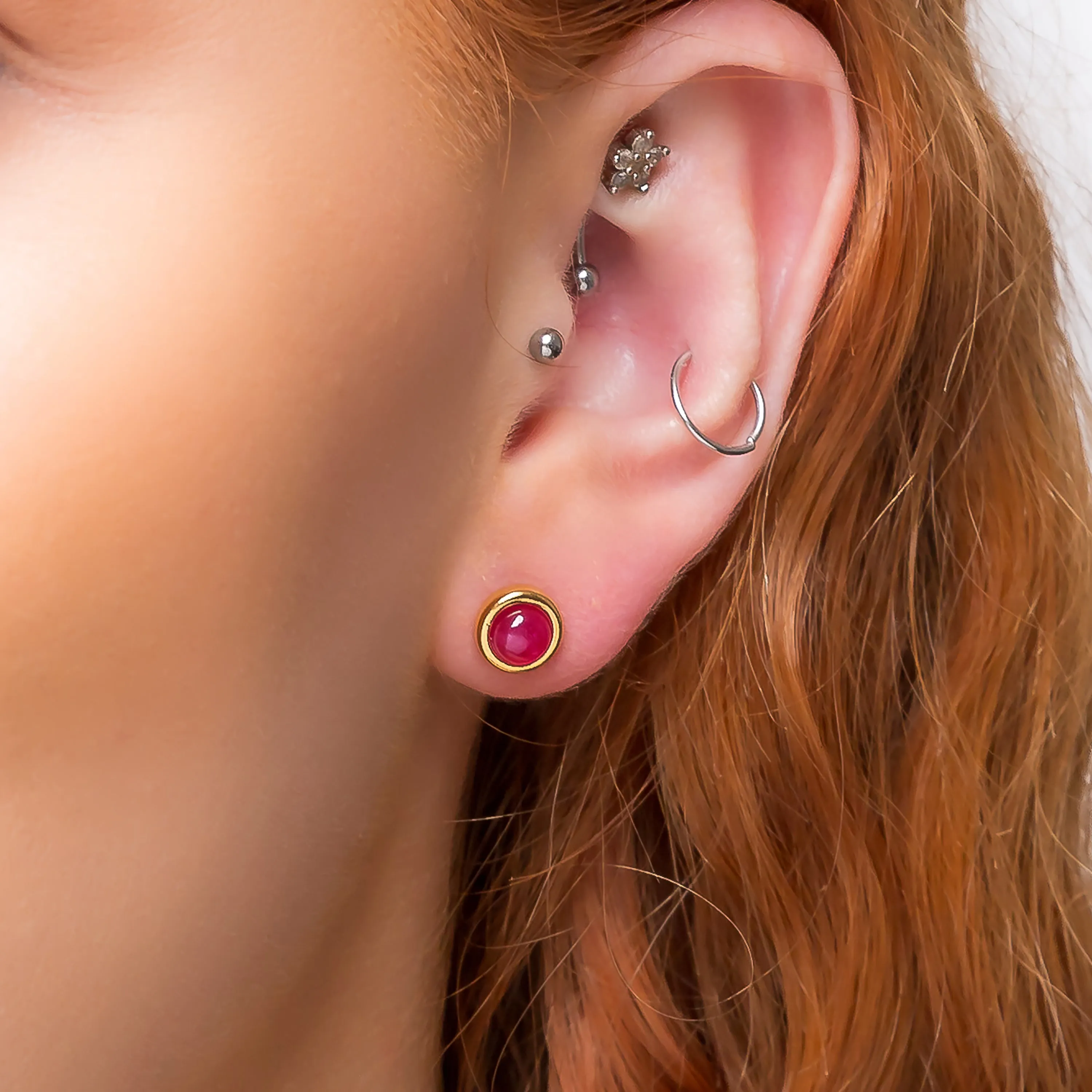Small Round Stud Earrings in Silver with 24ct Gold and Ruby sold by Henryka product image thumbnail 2