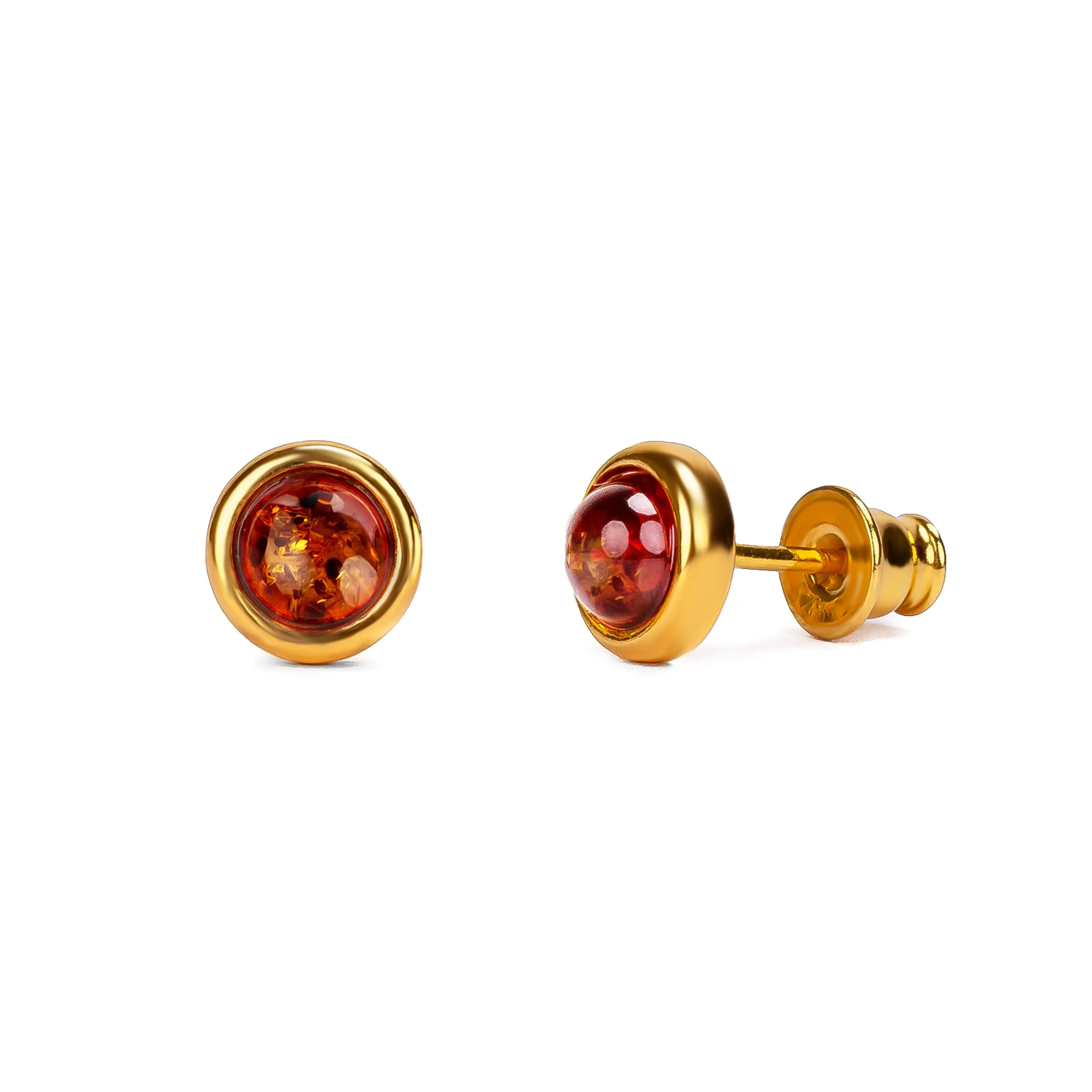 Small Round Stud Earrings in Silver with 24ct Gold & Cognac Amber sold by Henryka