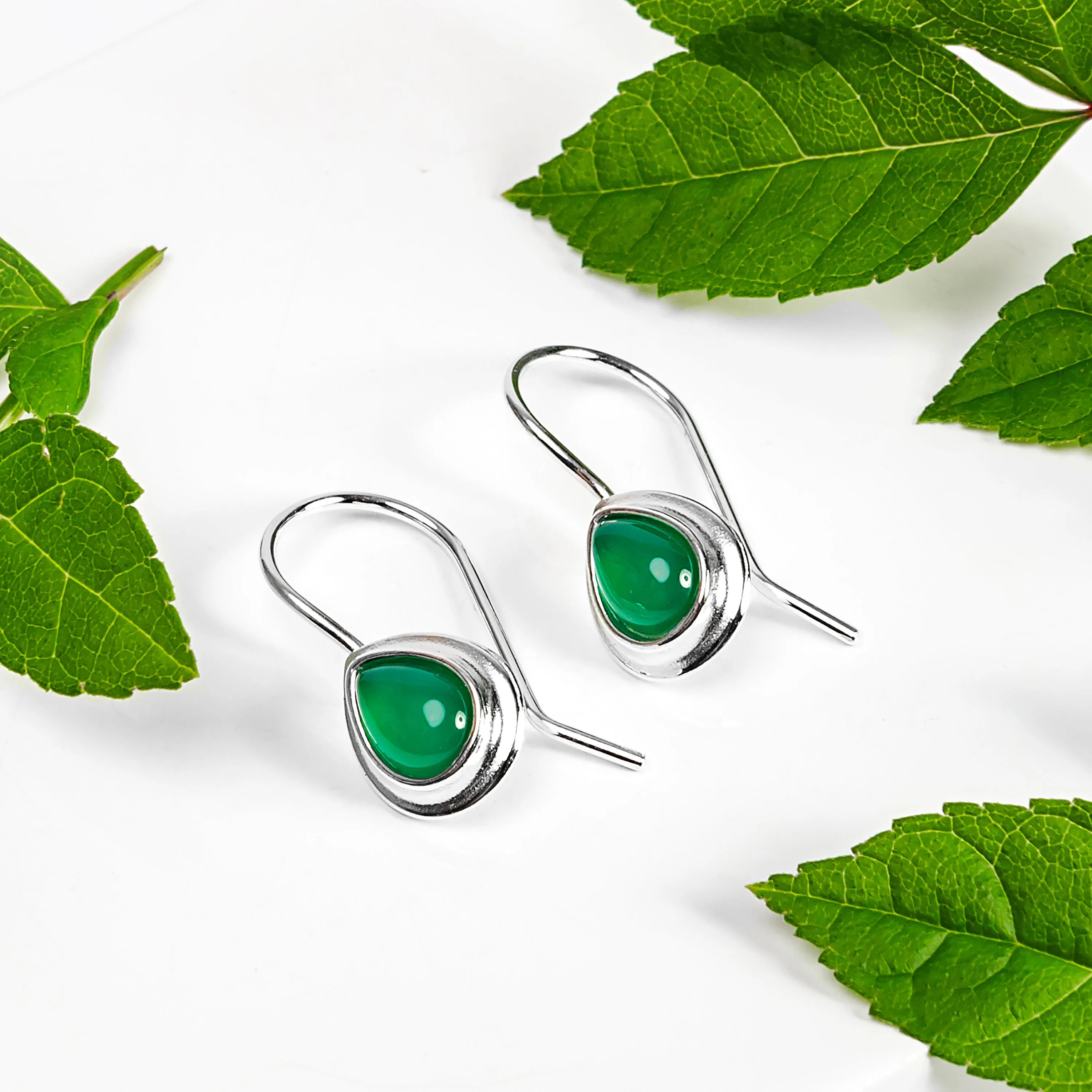 Classic Teardrop Hook Earrings in Silver and Green Onyx sold by Henryka product image thumbnail 2