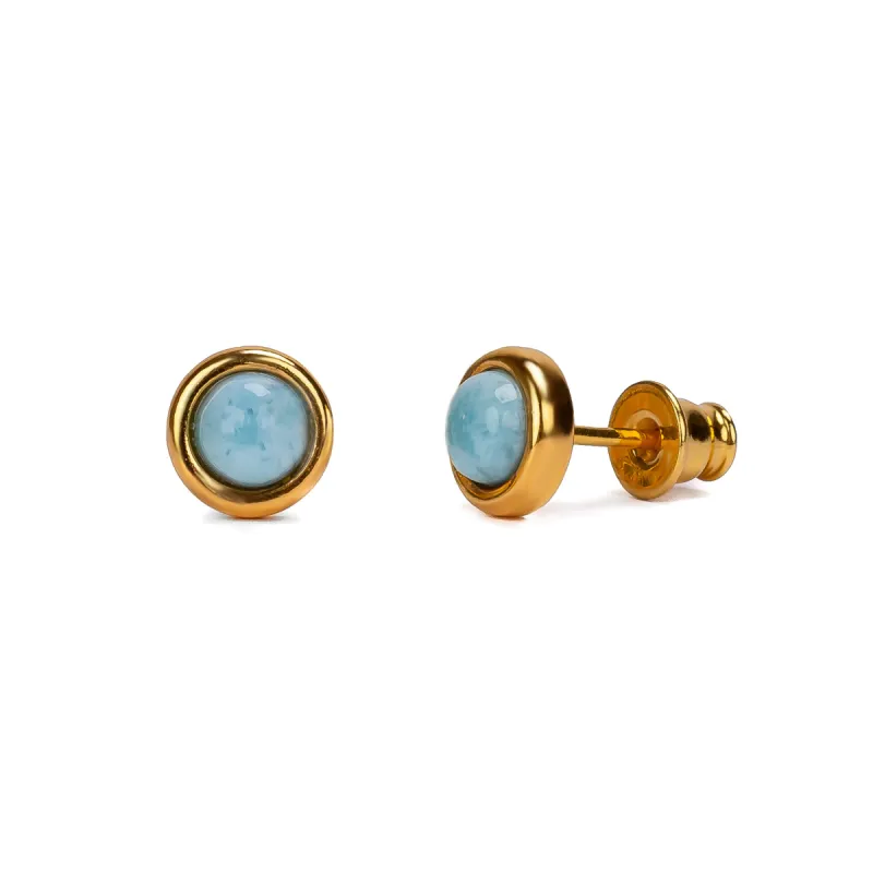 Small Round Stud Earrings in Silver with 24ct Gold & Larimar sold by Henryka