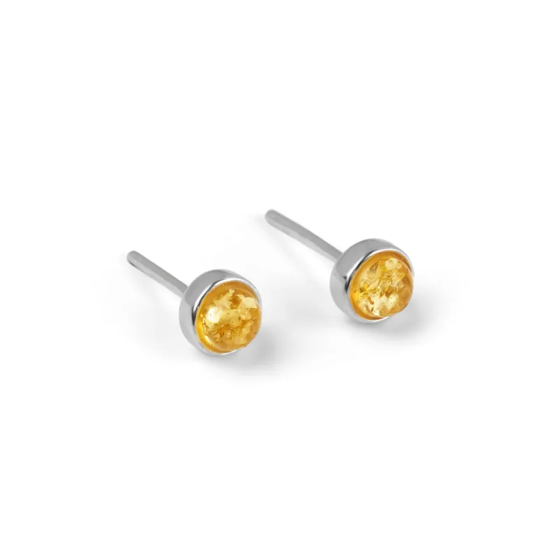 Minimalist Circle Stud Earrings in Silver and Yellow Amber sold by Henryka