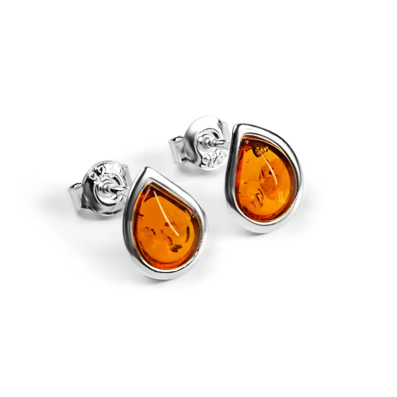 Abstract Teardrop Stud Earrings in Silver & Cognac Amber sold by Henryka