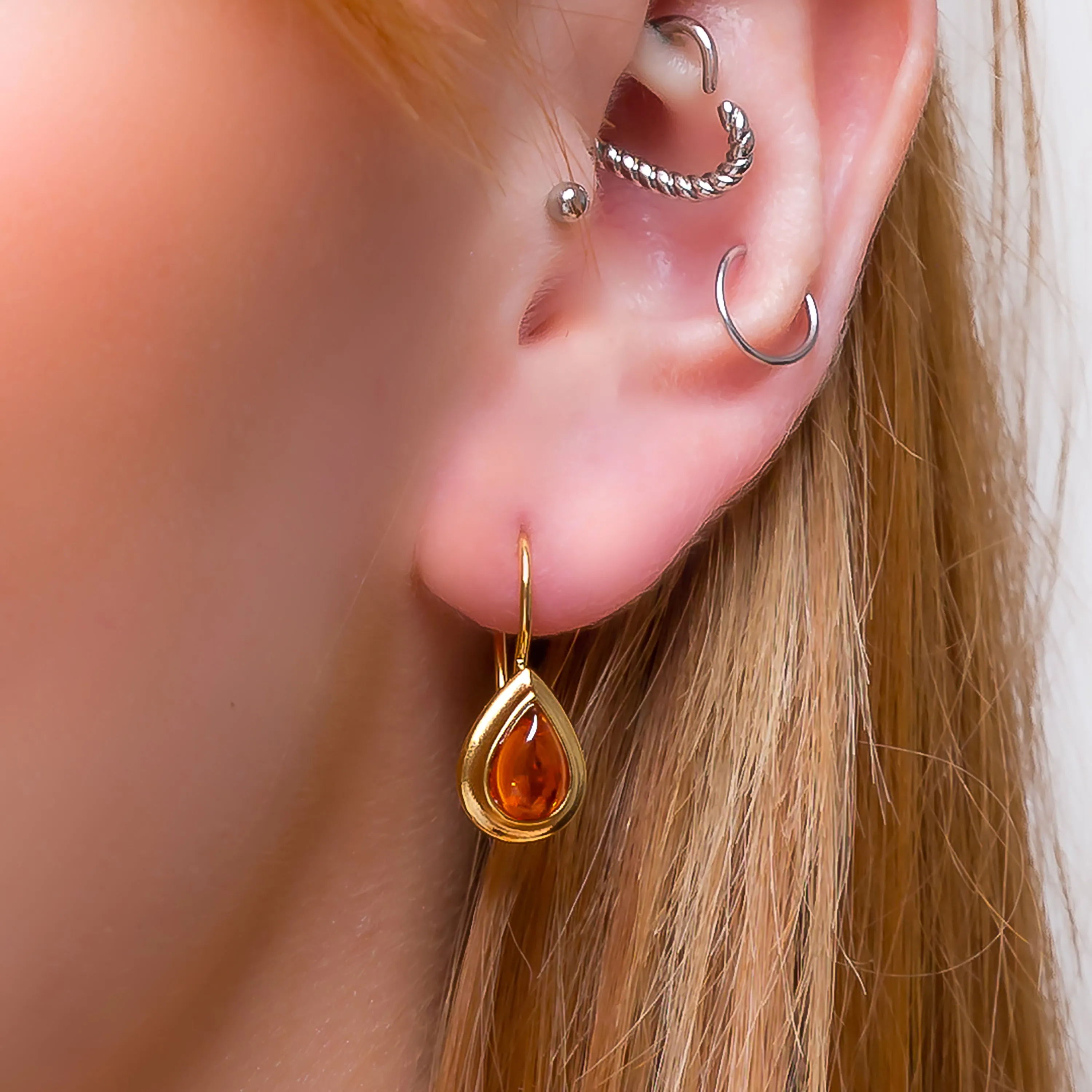 Classic Teardrop Hook Earrings in Silver with 24ct Gold & Cognac Amber sold by Henryka product image thumbnail 2