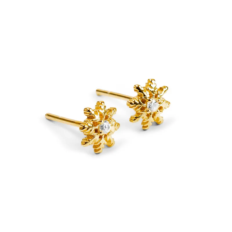 Snowflake Stud Earrings in Silver and 24ct Gold with Cubic Zirconia sold by Henryka